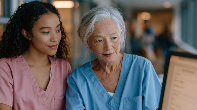 Intergenerational pair of nurses &mdash; experienced mentor and new graduate &mdash; review certification program completion documentation on nursing station terminal, credential checklist