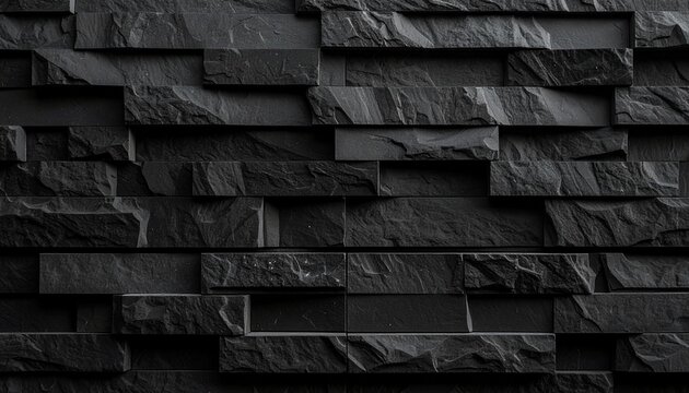 Dark slate stone wall with geometric layered arrangement in modern architectural design