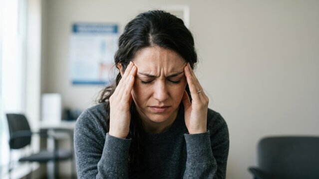 A woman indoors holding her temples, showing signs of stress or headache, with a pained expression on her face.