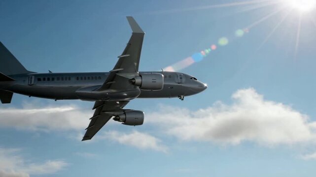 Commercial Airplane Side View Flying Through Blue Sky With Clouds