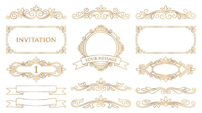 Gold luxury invitation frames and decorative borders.