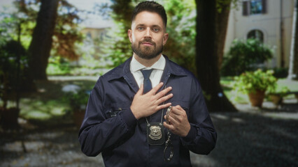 Fototapeta premium Man holding handcuffs in hand with badge visible and hand on chest, detective working in building courtyard; duty authority.