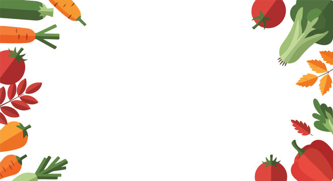 A flat vector background featuring a colorful border of assorted vegetables like carrots, tomatoes, and broccoli surrounding a white empty space.