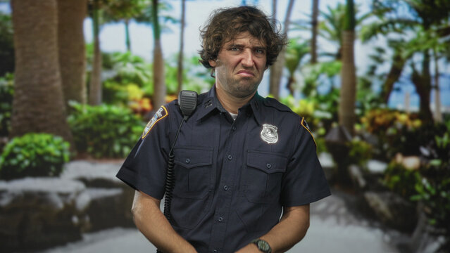 Man police officer in uniform grimacing, hands clasped, shoulder radio and badge visible in studio; duty fatigue.
