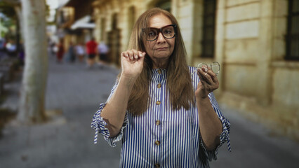 Obraz premium Older woman holding a pair of glasses in her right hand, wearing a striped blouse, standing on a pedestrian stone street by a historic building; skepticism independence.