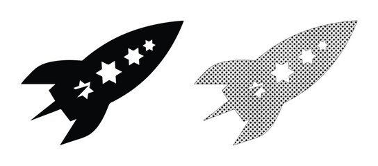 Retro rocket ship vector icons, vintage spaceship silhouettes with stars, black and white halftone space shuttle graphics for startup branding © Jemie
