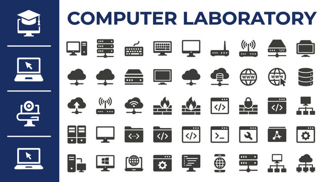Computer laboratory icon set featuring computers, servers, networking equipment, and cloud technology in a clean, modern design