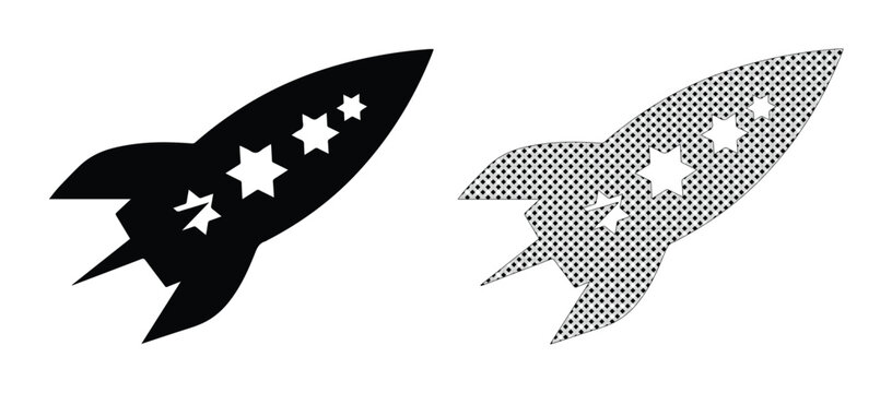 Retro rocket ship vector icons, vintage spaceship silhouettes with stars, black and white halftone space shuttle graphics for startup branding