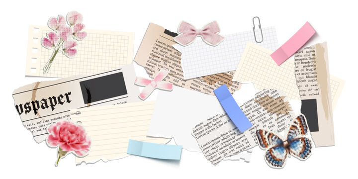Trendy vector halftone elements for collage design. A set of cut out elements, notebook sheet, torn newspaper, sticker, flower, bow and adhesive tape.