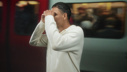 Obraz premium Man smiling with hands raised near train doors in a building, wearing a white polo and standing on a platform; contentment connection openness.