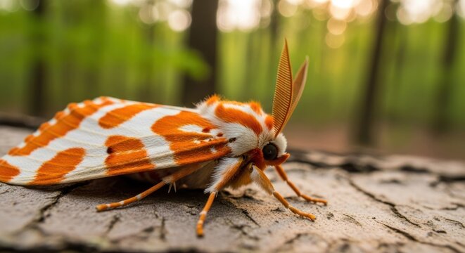 Striking orange/white moth on tree bark, blurry forest backdrop, soft focus