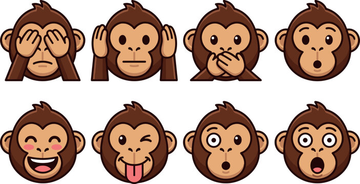 Cute Monkey Emoji Expression Vector Icon Set Featuring Three Wise Monkeys See No Evil Hear No Evil Speak No Evil for Social Media Designs