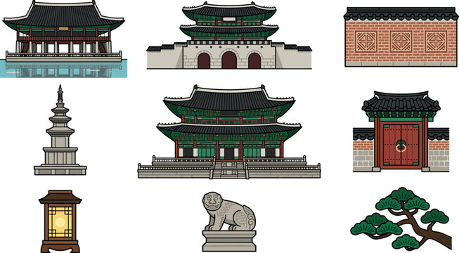 South Korea Culture and Architecture Vector Icon Set Featuring Gyeongbokgung Palace Gwanghwamun Gate Haechi Pagoda and Hanok Traditional Building Elements