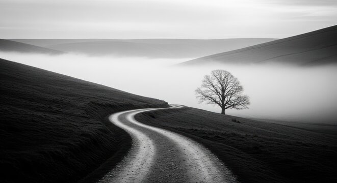 Winding path by leafless tree, mist-filled valleys in B&W landscape
