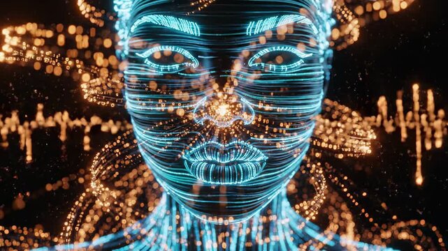 Futuristic Cybernetic Entity with Glowing Blue Fiber Optic Lines Forming a Human Face on Black Background, Ideal for Sci-Fi Concepts and AI Technology Visuals.