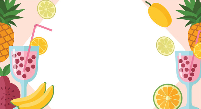 A vibrant tropical vector illustration featuring cocktails, pineapples, lemons, and bananas around a white central space for text.