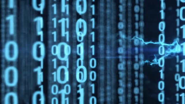 Futuristic Binary Code Stream with Glowing Blue Digital Numbers in Dark Virtual Space, Ideal for Cybersecurity and Data Technology Backgrounds.