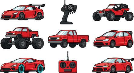 Radio Controlled RC Toy Car Vector Icon Set Featuring Red Racing Cars Buggy Monster Truck Pickup and Remote Controllers for Hobby Designs © MdRaisul