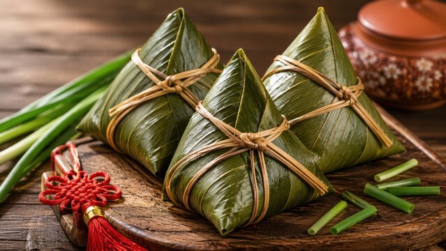 Three pyramid shaped zongzi sticky rice dumplings wrapped in bamboo leaves on wooden board.