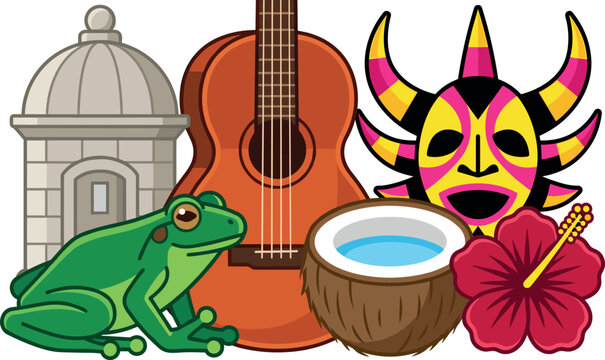 Puerto Rico Culture and Tourism Vector Illustration Set Featuring El Morro Garita Coqui Frog Guitar Vejigante Mask Coconut and Hibiscus Flower