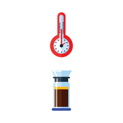 Obraz premium Minimalist Red Thermometer And Coffee Press Icon Set On Clean White Background Vector Illustration