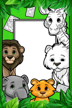 Cartoon Animals Around Blank Coloring Page Frame