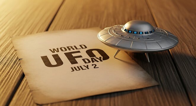 World ufo day concept with a silver flying saucer on a wooden table