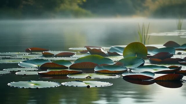 Serene Water Lily Pads Floating on Misty Lake