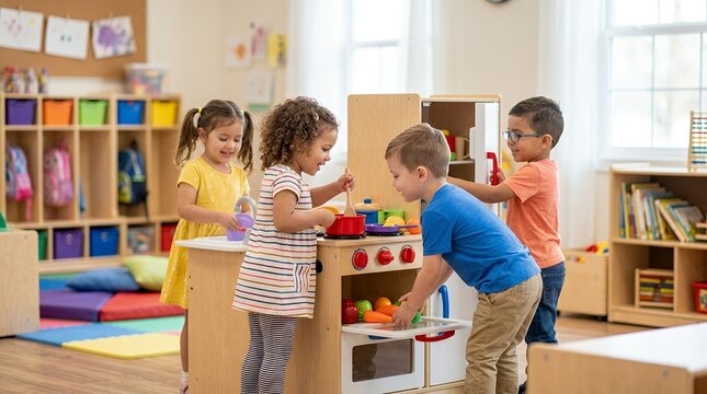 Four diverse young children happily playing with a wooden toy kitchen set in a colorful preschool classroom, engaging in imaginative play and social interaction.