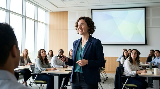 Smiling woman presenter leading a business meeting or training session in a bright modern conference room with a diverse group of attendees.