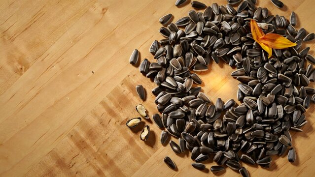 Overhead view of sunflower seeds on a wooden background &ndash; Perfect for healthy snack marketing, seed farming promotions, or packaging design.
