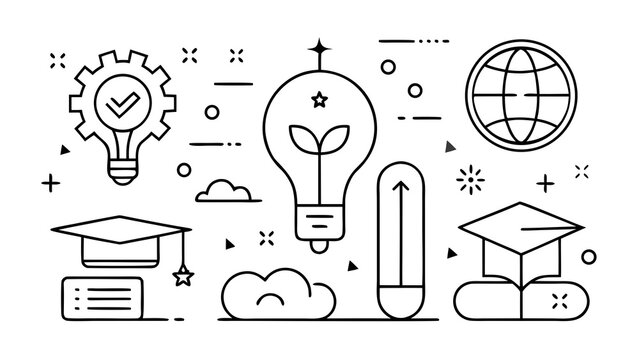 Simple outline stroke educational design icon set featuring lightbulb graduation cap knowledge tree and progress symbols .vector icon