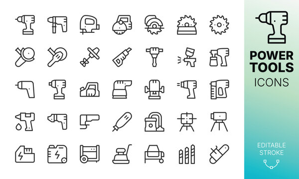 Power Tools Line Icons Set. Set of Cordless Drill, Hammer Drill, Electric Jigsaw, Wall Chaser, Circular Saw, Angle Grinder, Paint Spray Gun, Wrench Impact, Drill Replacement Battery vector icon