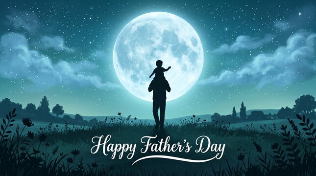 Happy father's day banner with Silhouette son is riding his father is neck at blue full moon night time vector design
