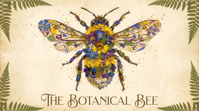 Artistic portrait of a bee entirely created from miniature wildflowers, leaves, and pollen particles, vibrant nature collage, premium poster design.