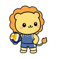 Obraz premium Cute Lion Holding Volleyball