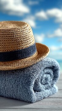 A woven straw hat with a blue ribbon rests on a folded blue towel against a cloudy sky background, evoking summer relaxation and travel preparation.