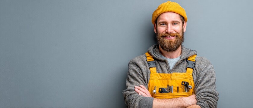 A smiling bearded craftsman in yellow overalls stands confidently with crossed arms against a plain gray background, ready for renovation work.
