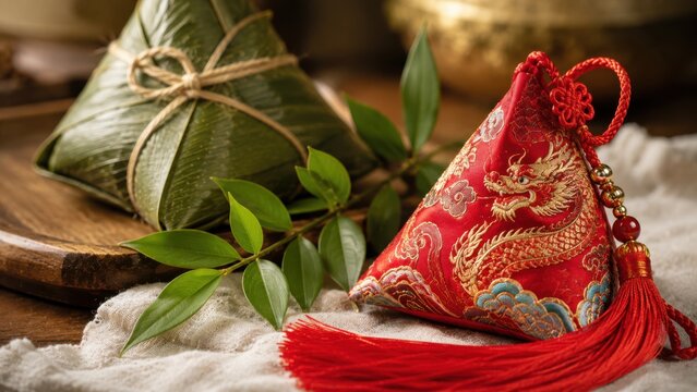 A traditional zongzi next to a red fabric sachet with a dragon and tassel design.
