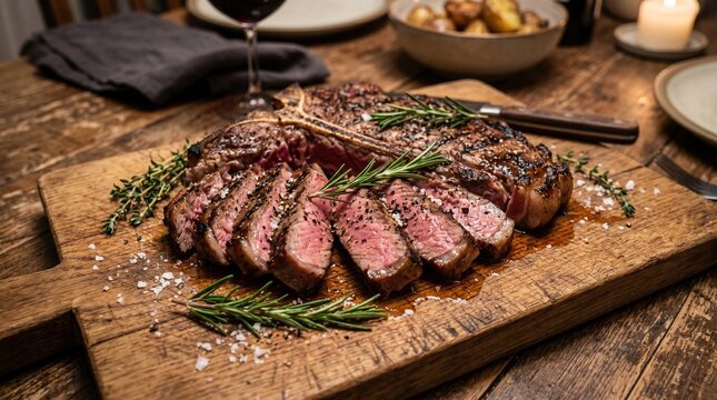 Perfectly grilled t-bone steak sliced on a rustic wooden cutting board garnished with fresh green rosemary sprigs and coarse sea salt for a gourmet dinner