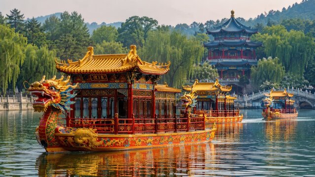 Traditional chinese dragon boats with golden roofs sailing on lake near old architecture.