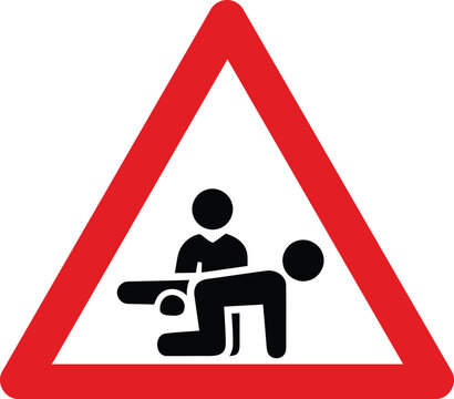 Warning sign depicting a person in a compromising position a graphic symbol for caution and danger isolated on white background