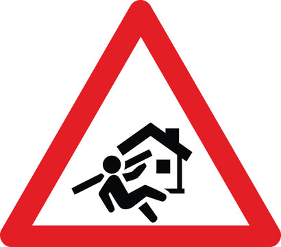 Warning sign for falling objects from a house pictogram indicating danger of falling debris safety symbol for construction sites and residential areas isolated on white background