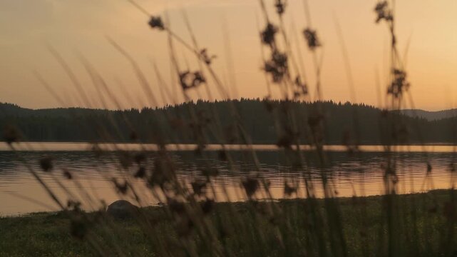 Sunset over Shiroka polyana dam (Wide meadow), Rodopi mountain, Bulgaria.
