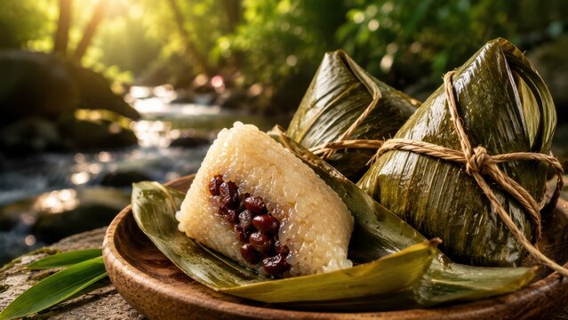 Sticky rice dumplings wrapped in leaves, triangle shape, red bean filling, outdoor setting.
