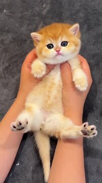 Small fluffy orange kitten held in human hands for a playful motion video clip showing soft fur and cute paws