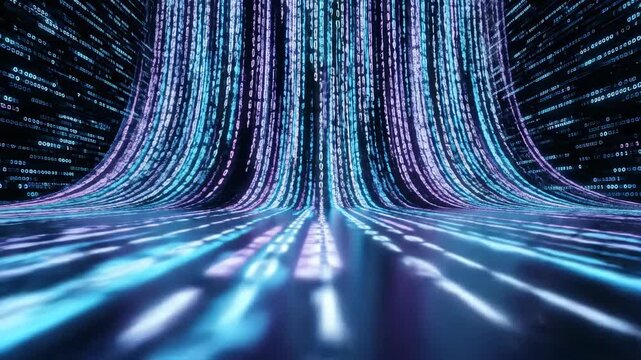 Futuristic Data Waterfall Animation Featuring Blue and Purple Binary Code Streams in a Digital Space, Perfect for Cybersecurity and Big Data Technology Backgrounds.