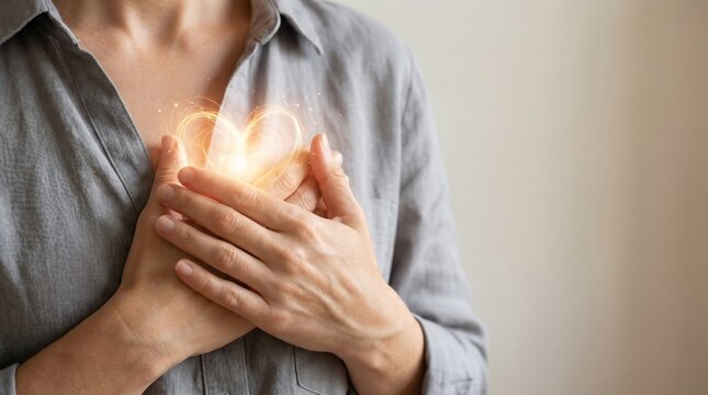 Woman holding glowing heart symbol on chest representing love and compassion in a conceptual lifestyle shot with soft lighting