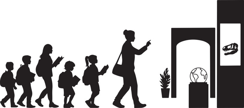 School students on a field trip visiting a natural history museum silhouette