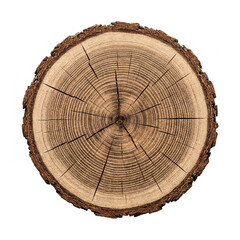 Fototapeta premium Tree Trunk Cross Section With Growth Rings and Bark Isolated on White Background